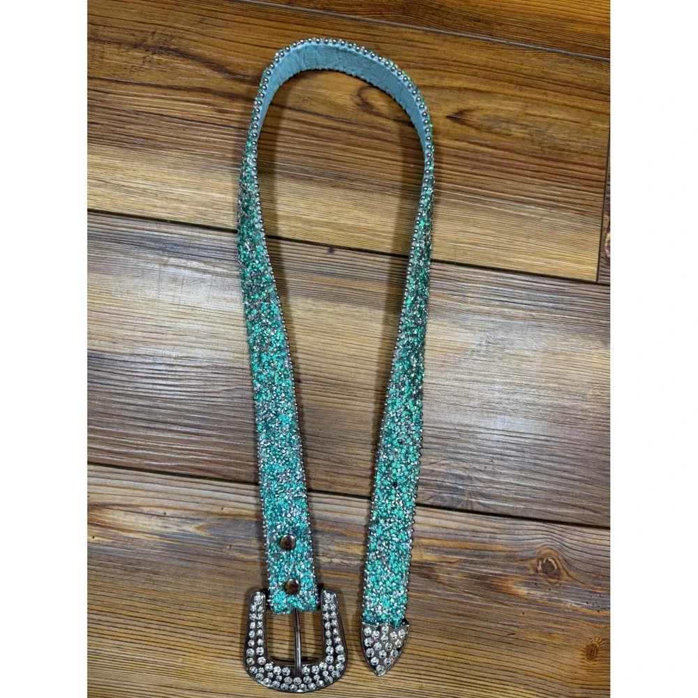 Kids Teal Glitter Rhinestone Western Belt Studded Silver Buckle Boot Barn 24